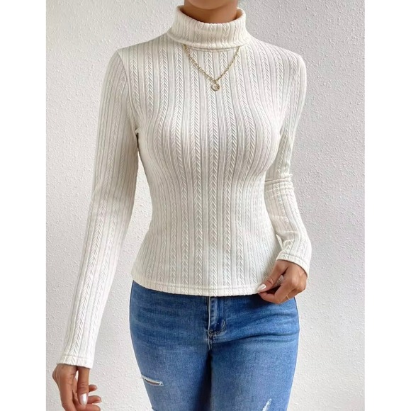 SHEIN Tops - Minimalist Cream White Coquette Chevron Textured Knit Turtleneck Top Size M